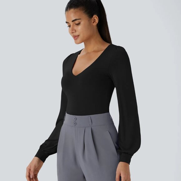 Halara V Neck Long Sleeve Button Work Bodysuit β Black π€ Size XL Nwot - Picture 2 of 5